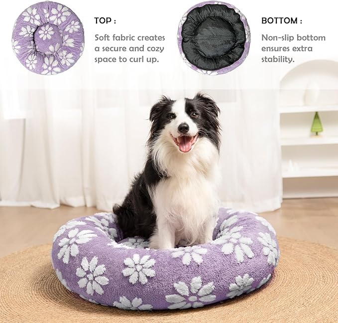 Donut Dog Beds for Medium Dogs, Calming Round Cat Beds for Indoor Cats, Cute 3D Textured Flower Pet Bed with Removable Washable Cover and Anti-Slip Bottom（Purple，30"）