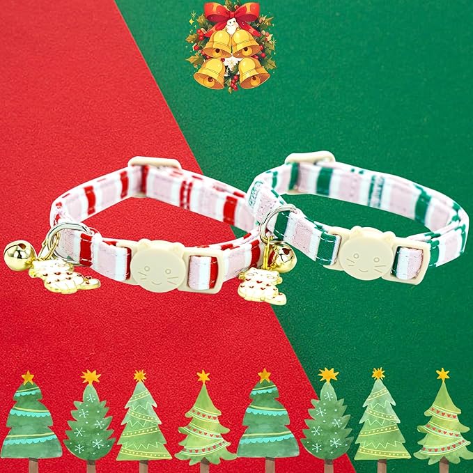 Elegant little tail 2 Pack Cat Collar-Pink Strip Cotton Breakaway Cat Collars with Bell Pendant Kitten Girl Cats Safety Adjustable Collar for Small Cats Puppy