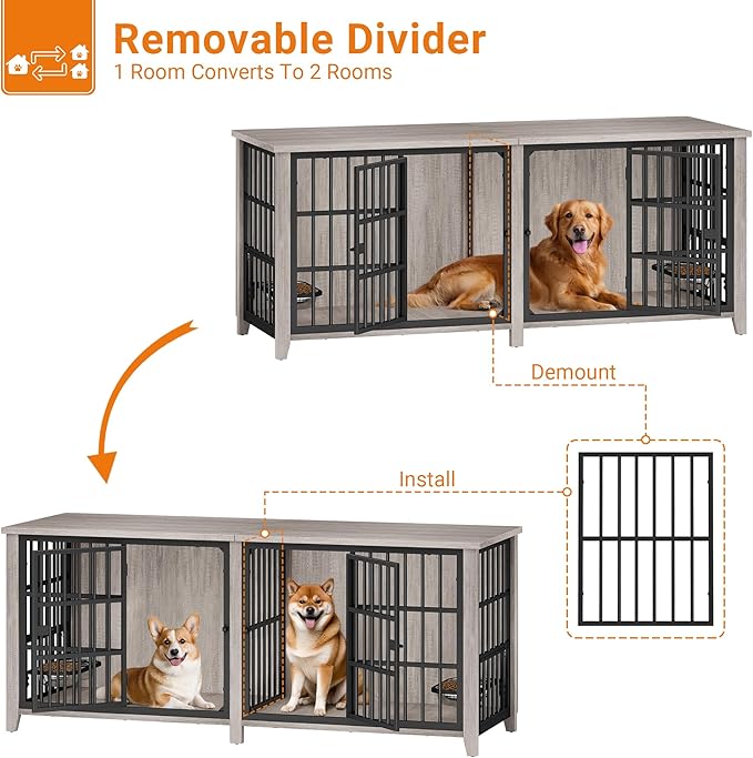 Lulive 78" Dog Crate Furniture for 1 Large or 2 Small/Medium, Extra Large Dog Kennel Indoor with Removable Divider & Adjustable Height Dog Bowls, Heavy Duty Wooden Double Dog Cage as TV Stand, Grey