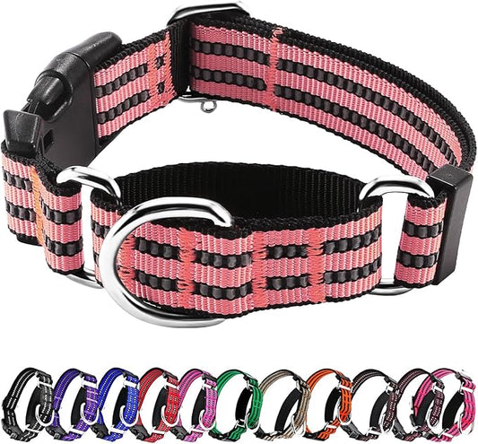 Hikiko Martingale Dog Collars Reflective Nylon Dog Collar with Quick Release Buckle Adjustable Training No Slip Dog Collar (Large, Cherry Pink)