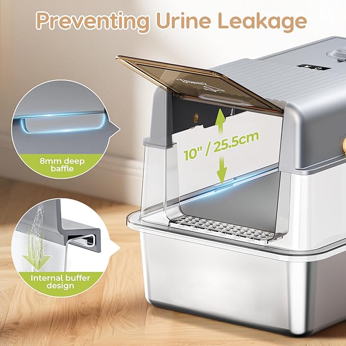 L7 Ultra-Stainless Steel Litter Box with Smart Odor Control, XXL Extra Large Enclosed Metal Cat Litter Box with Lid for Kitty&Big Cats, High Sided Enclosure with Scoop & Mat, Anti-Leakage-Grey