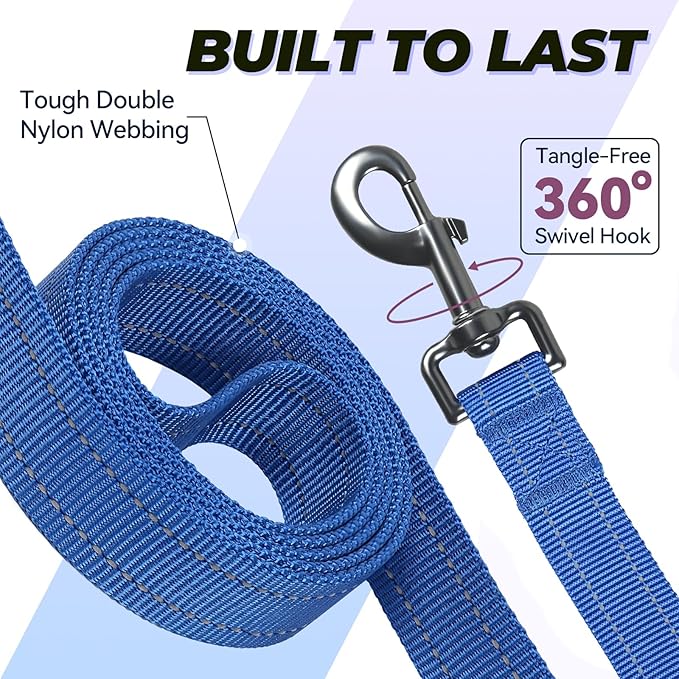 VIVAGLORY Twingrip Dog Leash, Double Handle Dog Leash for Training & Walking with Traffic Handle & 2 Loop, Traffic Control Reflective Heavy Duty for Puppy Pet, 4ft x 1in, Blue