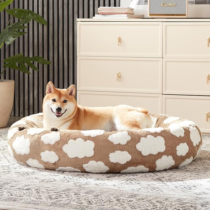 JOEJOY Donut Cat Beds for Indoor Cats, Round Calming Small Dog Bed with Removable Washable Cover, Orthopedic Cute Puppy Kitten Pet Bed with Jacquard Shaggy Plush & Non Skid Bottom, Black