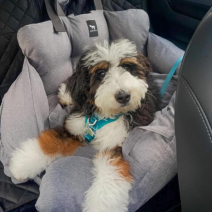 JACKO & CO Premium Medium Dog Car Seat – Safe & Cozy Travel Bed for Small & Med Dogs, Puppies & Pets 25–40 lbs, Clip-On Leash, Storage Pockets, Water-Resistant, Machine Washable (Grey, Medium)