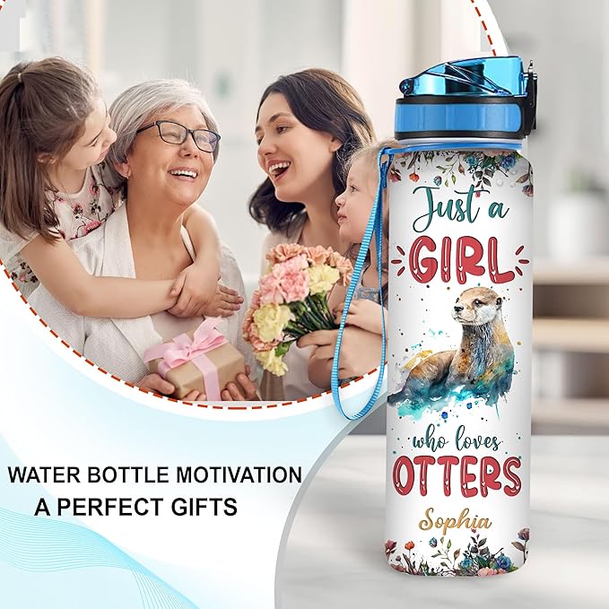 Hyturtle Personalized Otter Lovers 32 Oz 1Liter Motivational Water Bottle With Time Marker, Just A Girl Who Loves Otters, Animal Lovers Gifts For Women, Girl On Birthday, Christmas