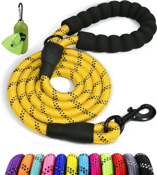 Taglory Rope Dog Leash 5 FT with Comfortable Padded Handle, Highly Reflective Threads Leash for Small Dogs, 3/8 inch, Yellow