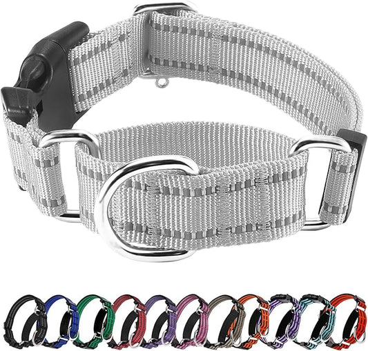 Hikiko Reflective Martingale Dog Collars for Large Dogs with Buckle Nylon Training Walking No Pull Collars, Sliver Gray, L