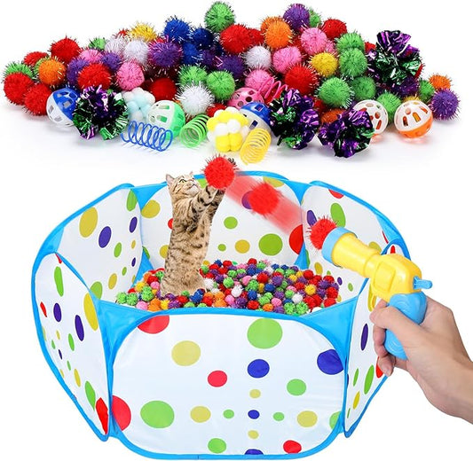 219PCS Cat Ball Pit with Balls, Interactive Toy for Indoor Bored Cats with Ball Launcher, Jingle Balls, Crinkle Balls, Springs, Pom Pom Balls, Cat Enrichment Toys, Kitten Toys for Self Playing