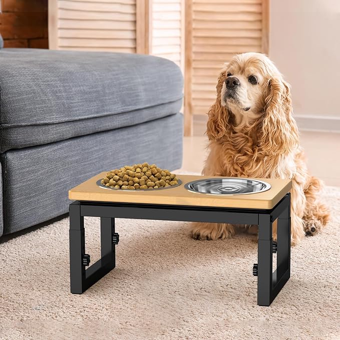 Dog Bowls Elevated, 4 Height & Angle Adjustable Raised Dog Bowl Stand, Elevated Dogs Bowl Stand for Medium Sized Pet, Sturdy Bamboo Dogs Feeding Station with 2X 48oz (6cup) Stainless Steel Dishes
