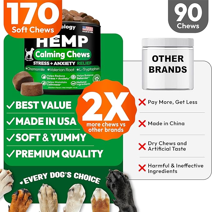 Hemp Calming Chews for Dogs - 170 Dog Calming Chews - Anxiety Relief Treats - Advanced Stress Relief Supplement, Separation Aid, Barking, Fireworks, Melatonin - Hip & Joint Support - Made in USA