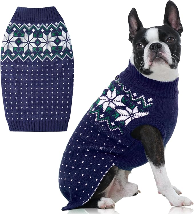 FUAMEY Dog Christamas Sweater, Warm Dog Sweater Classic Snowflake New Year Turtleneck Sweaters Knitwear Cold Weather Dogs Pullover for Small Medium Dogs Puppies & Cats Bulldogs Corgi with Leash Hole