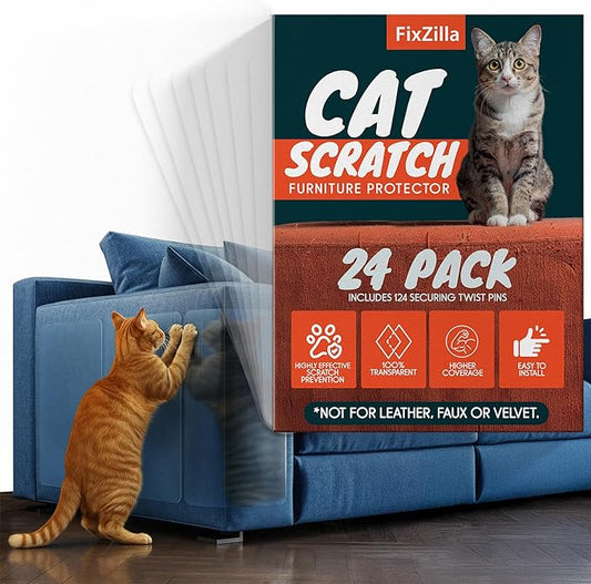 Anti Cat Scratch Furniture Protector, 24-Pack Couch Protector from Cat Claws – Heavy-Duty, Easy-to-Apply Scratching Deterrent and Shield for Sofa Corners, Walls, Doors- with 124 Twist Pins