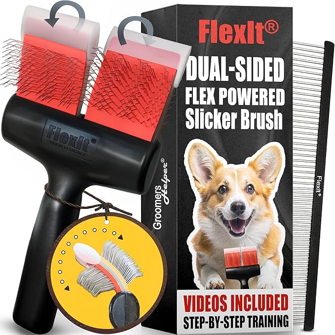 FlexIt Flexible Slicker Brush for Dogs - Professional 3-in-1 System & Video Trainings - Dual-Sided Dematting, Undercoating & Finishing Dog Grooming Brush by Groomers Helper (Single, Soft Flex)