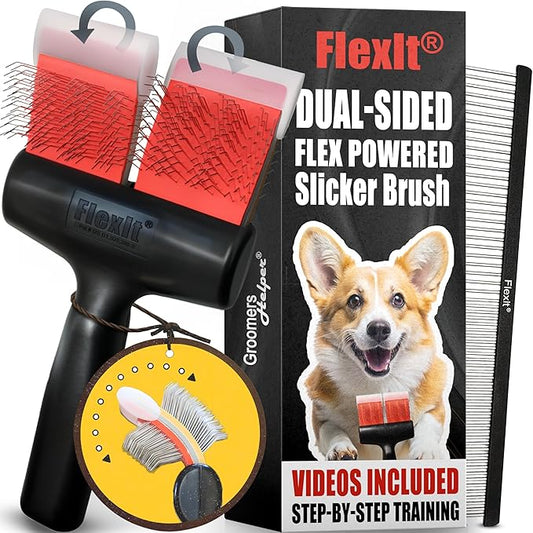 FlexIt Flexible Slicker Brush for Dogs - Professional 3-in-1 System & Video Trainings - Dual-Sided Dematting, Undercoating & Finishing Dog Grooming Brush by Groomers Helper (Single, Soft Flex)