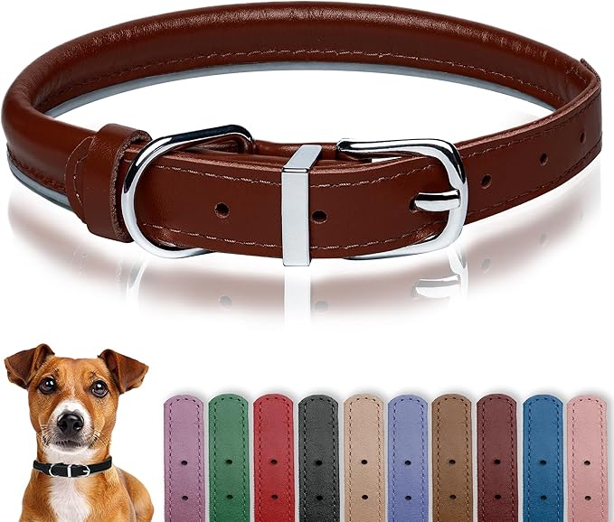 OOPSDOGGY Rolled Leather Dog Collar Reflective Roll Collars for Small Medium Large Dogs Puppy (Cognac, S, 10''- 13'')