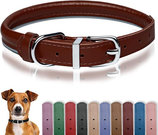 OOPSDOGGY Rolled Leather Dog Collar Reflective Roll Collars for Small Medium Large Dogs Puppy (Cognac, S, 10''- 13'')