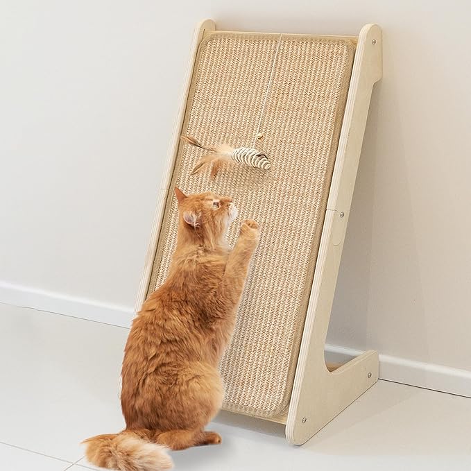 Meeyoview L Shape Cat Scratcher Ramp, 27'' Sisal Scratching Post, Vertical Cat Scratcher for Indoor Cats, Solid Wooden Scratch Board, Furniture Protector with Catnip