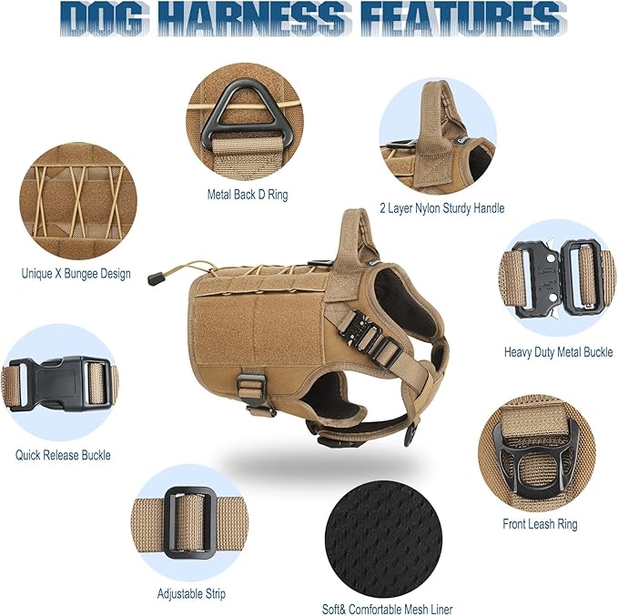 PETNANNY Tactical Service Dog Vest - No-Pull Emotional Support Harness with Hook & Loop Patches & Molle System for Training & Hunting (Khaki, Medium)