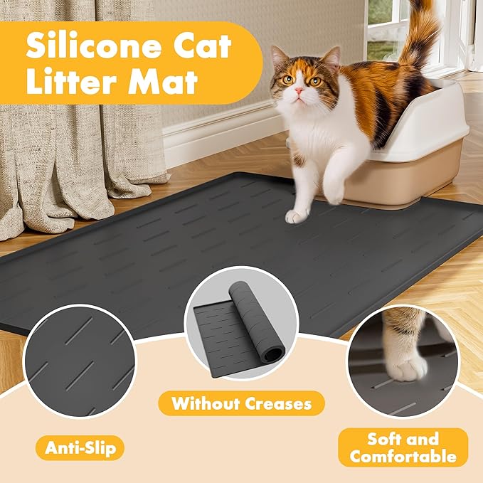 Pieviev Silicone Cat Litter Trapping Mat, 34''x22'' Large Cat Litter Mat, Easy to Clean & Soft on Kitty Paws, Waterproof Kitty Litter Pads for Indoor Cats, Dark Grey