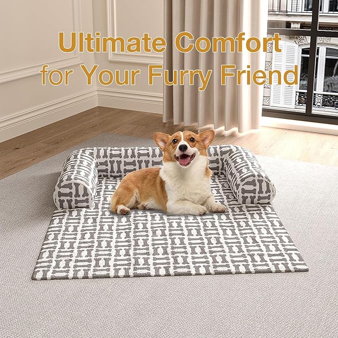 Orthopedic Dog Bed for Large Dogs, Washable Sofa Protector Pet Bed with 3-Sided Bolster, Shredded Memory Foam & Plush Support, Non-Slip Bottom for Medium & Small Dogs