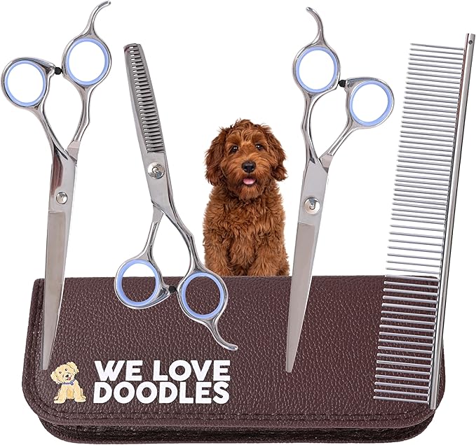 Dog Grooming Scissors Kit - Best Tools for Goldendoodles, Poodles & Doodles - Straight, Curved & Thinning Shears - Golden Doodle Grooming Kit - Professional Grade Steel, 4 Pc Set (Long Silver)