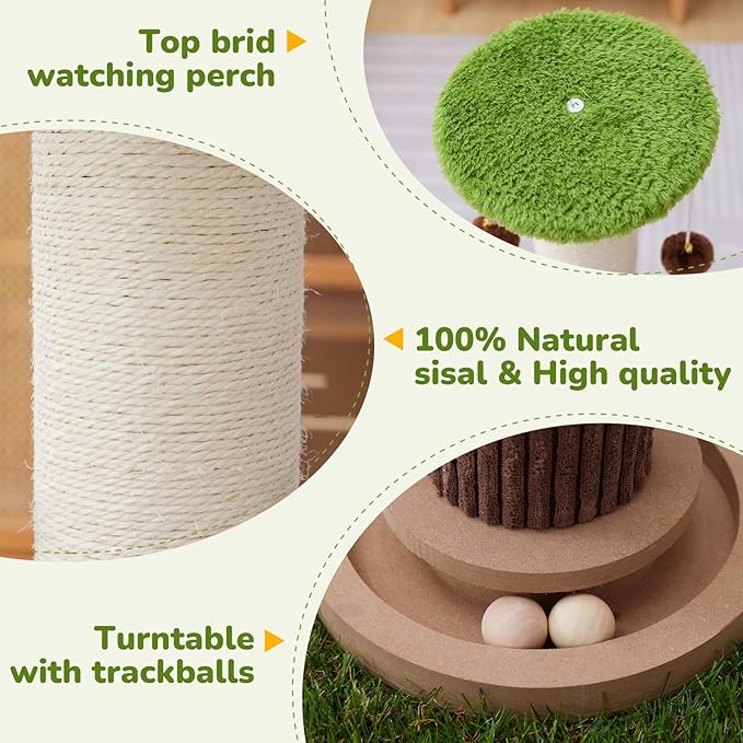 Scratcher Posts for Adults Cats - 33" Tall Cat Scratching Post, Premium Sisal Post for Kittens, Cat Scratcher Tree with Reinforced Stable Base and Interactive Wooden Ball (Green)