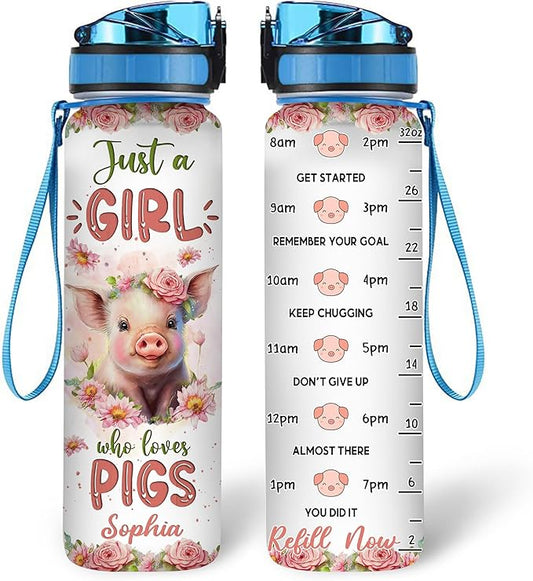 Hyturtle Personalized Pig Lovers 32 Oz 1Liter Motivational Water Bottle With Time Marker, Just A Girl Who Loves Pigs, Animal Lovers Gifts For Women, Girl On Birthday, Christmas