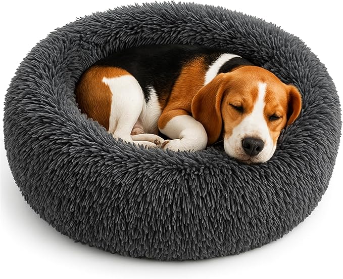 Calming Dog Bed - Fluffy Donut Cuddler for Anxiety Relief, Orthopedic Pet Bed with Non-Slip Bottom, Cozy Round Faux Fur Nest for Dogs and Cats, Plush Crate Mat for Comfort (Dark Grey, Medium)