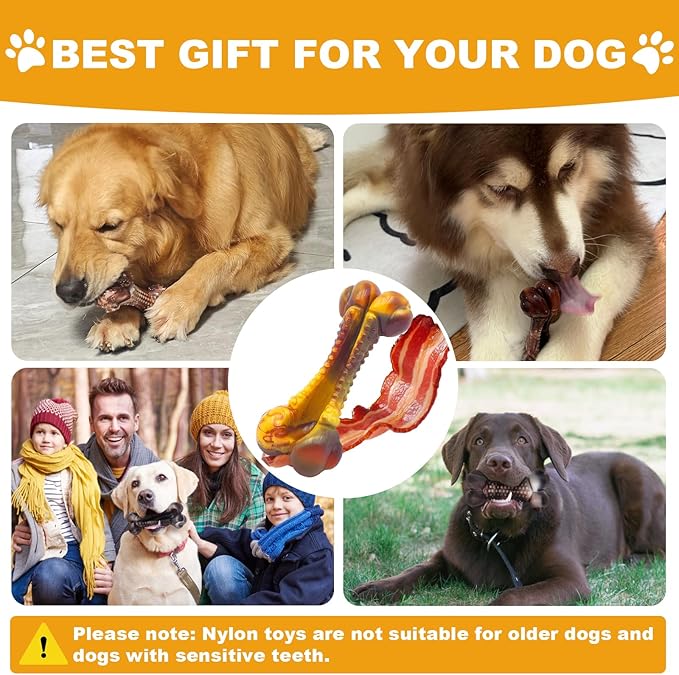 Dog Toys for Aggressive Chewers, Indestructible Dog Chew Toys for Large Medium Small Breed, Tough Nylon Interactive Durable Chew Toy Bone for Puppy Teething Toy Bacon Flavor, Best Gift&Keep Them Busy