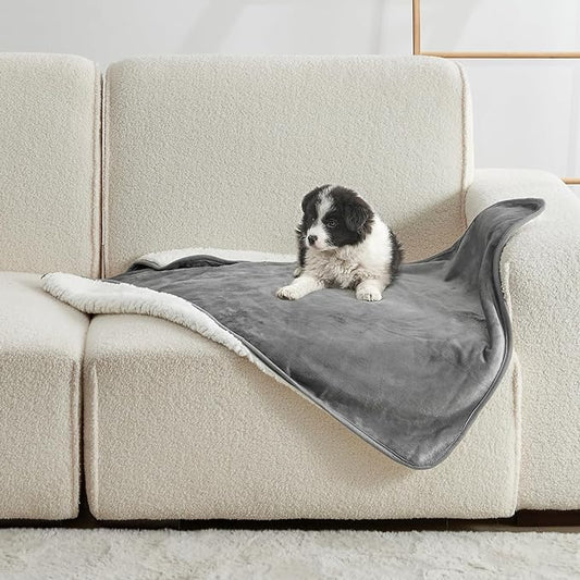 Waterproof Blanket for Bed Couch Sofa, Soft Liquid Pee Proof Pet Blanket for Dog Puppy Cat, Reversible Sherpa Fleece Furniture Protector (Grey, 30x40 inches)