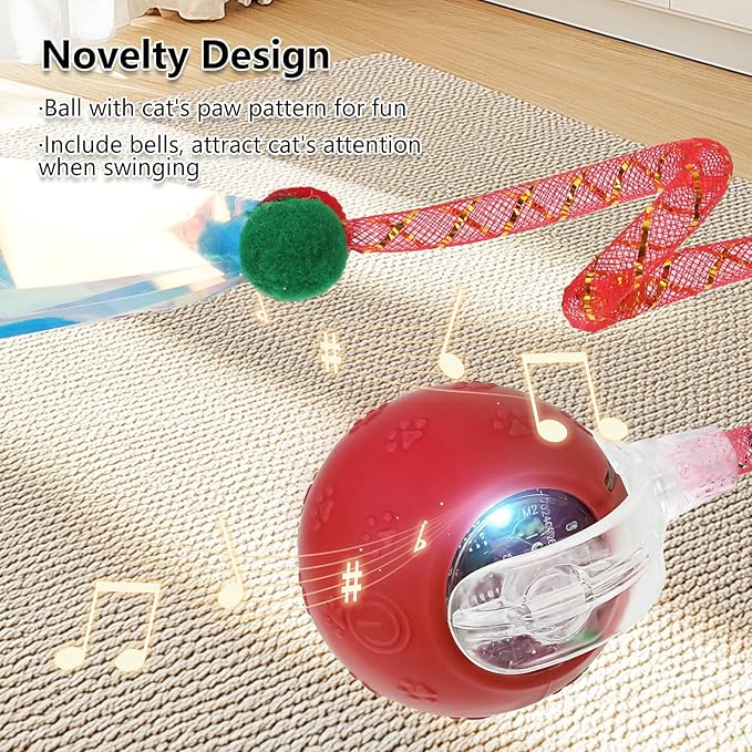 Interactive Cat Toys for Indoor Cats, Automatic Cat Ball Toy with Mesh Elastic Tail, Moving Kitten Toys for Bored Indoor Adult Cats, Chirping & Motion Activated