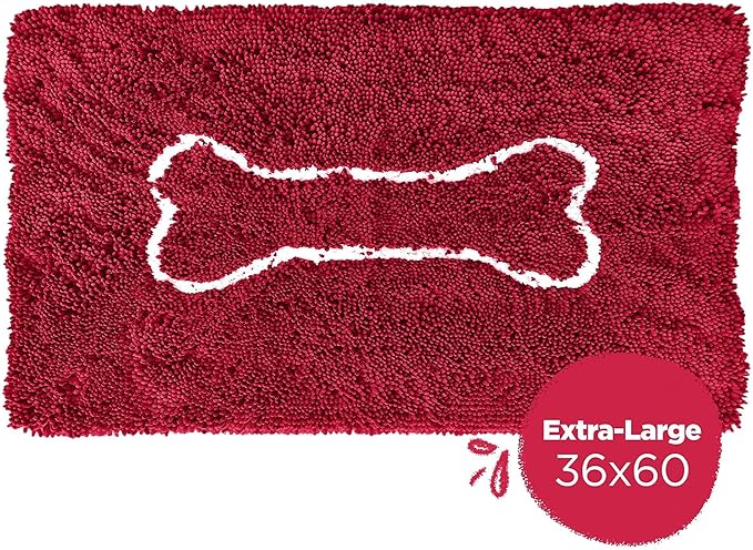 Soggy Doggy Doormat with Bone Design - Ultra Absorbent Microfiber Chenille Wet Dog Mat for Muddy Paws - Non-Slip and Machine Washable (Cranberry/Oatmeal Bone, Extra-Large 36” x 60”)