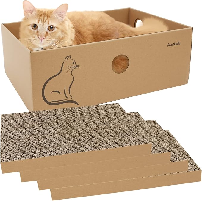 AUSCAT Cat Cardboard Scratcher, 4 PCS Reversible Cat Scratching Boards with Box for Indoor Kitty to Rest and Play, 14.8" L x 10.8" W x 5.2" H.