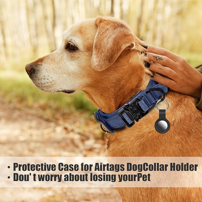 Tactical Dog Collar Military Dog Collar Adjustable Nylon Dog Collar Heavy Duty Metal Buckle with Handle for Dog Training,with Patches (Blue, L)