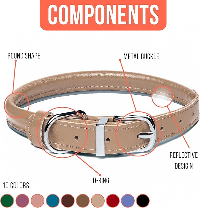 OOPSDOGGY Rolled Leather Dog Collar Reflective Roll Collars for Small Medium Large Dogs Puppy (Beige, S, 10''- 13'')