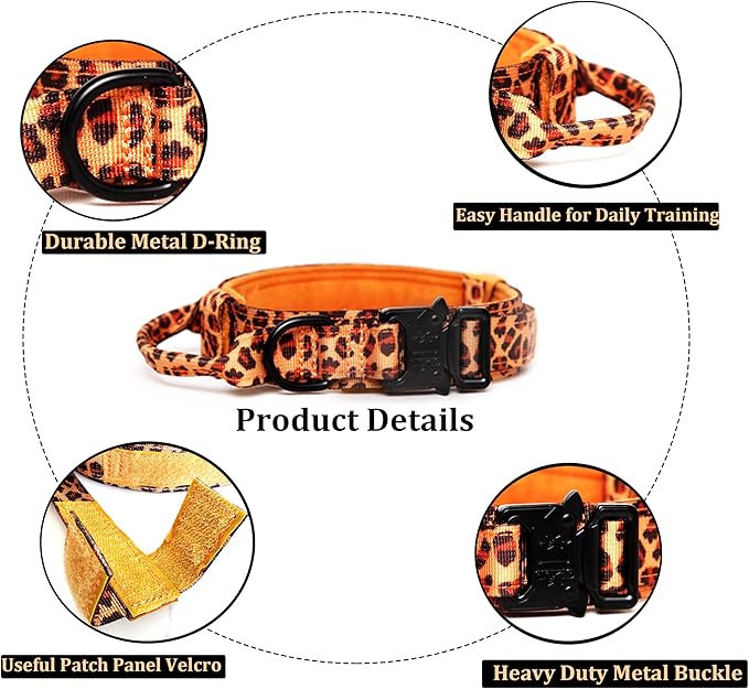 Tactical Dog Collar and Leash Set Tactical Dog Collar with Handle Bungee Leash Adjustable Military Training Nylon Collar Dog Training Collar Leash Set with Control Handleand Metal Buckle （Leopard XXL