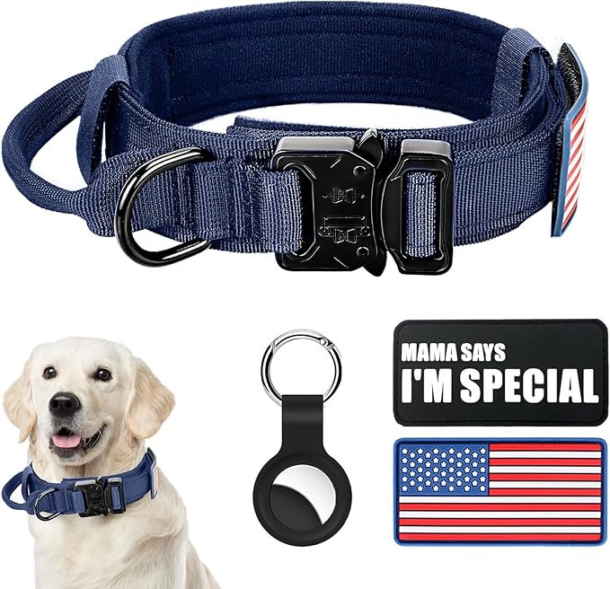 Tactical Military Collar - Adjustable Nylon, Heavy Duty Metal Buckle with Handle for Dog Training, with Patches (Blue, XL)