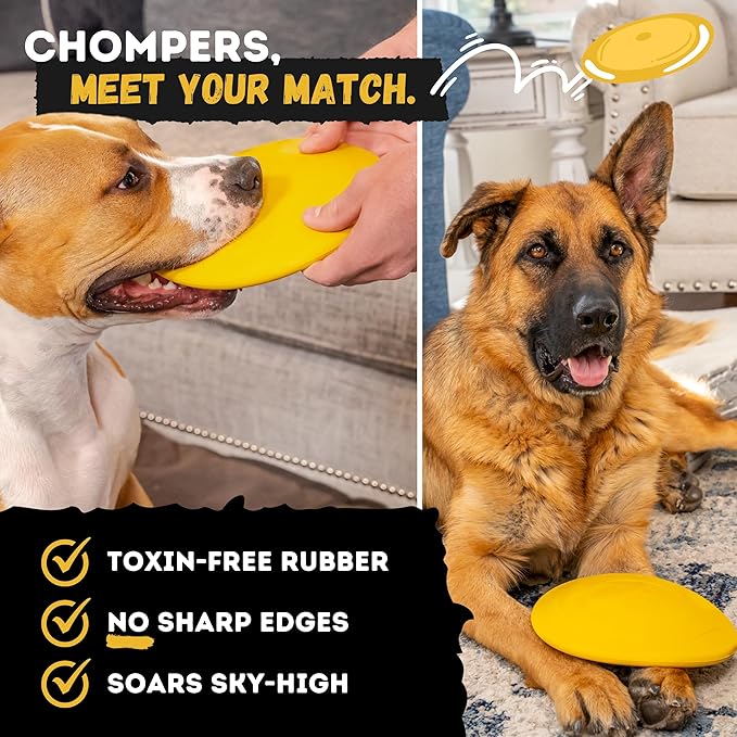 "Indestructible Dog Disc - Lifetime Replacement - Medium & Large Breed - Ultra Durable for Aggressive Chewers - Tough & Strong, Heavy Duty Natural Rubber Toy - Fetch, Tug, & Chew - 8in