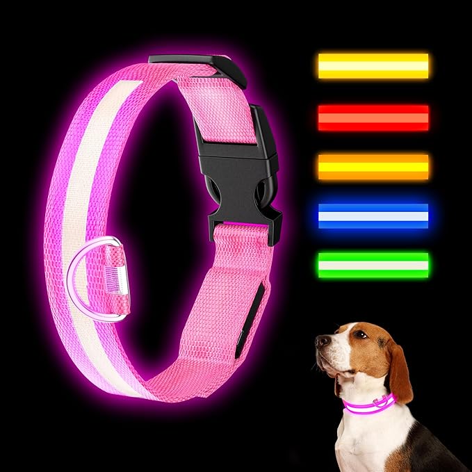 LED Light Up Dog Collar Rechargeable Waterproof, Glow in Dark Dog Collar, Lighted Dog Collars for Night Walking Charging USB, Safety for Small Medium Large Dogs (S, Pink)