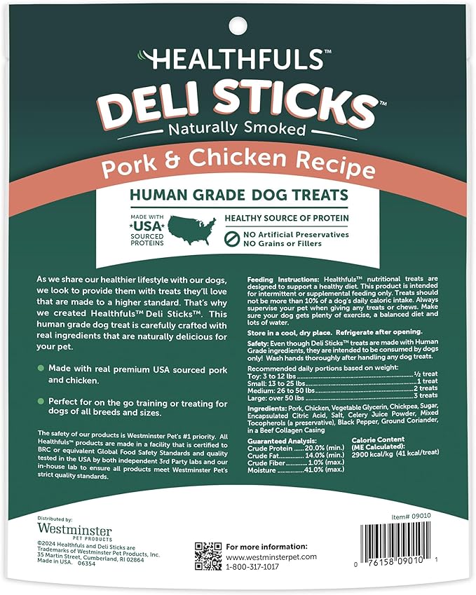 Deli Sticks Pork and Chicken Human-Grade Gluten-Free Soft and Chewy Dog Treats, 10 Count Bag