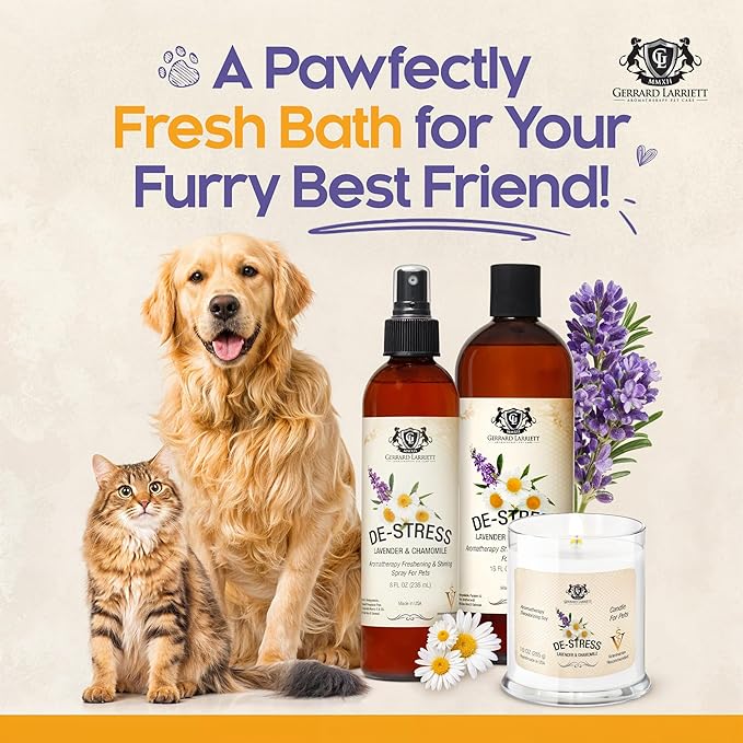 Dog Shampoo and Conditioner Aromatherapy Pet Bundle Set Itchy Skin Relief - De-Stress Dog Grooming Bundle with Dogs Calming Spray Scent Mist, and Pet Odor Eliminator Candle - Lavender & Chamomile