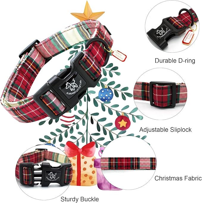 Elegant littlle Tail Christmas Dog Collar, Red Plaid Pet Collars Soft Cotton Winter Dog Collar with Quick Release Buckle Pet Puppy Collars for Small Medium Large Dogs