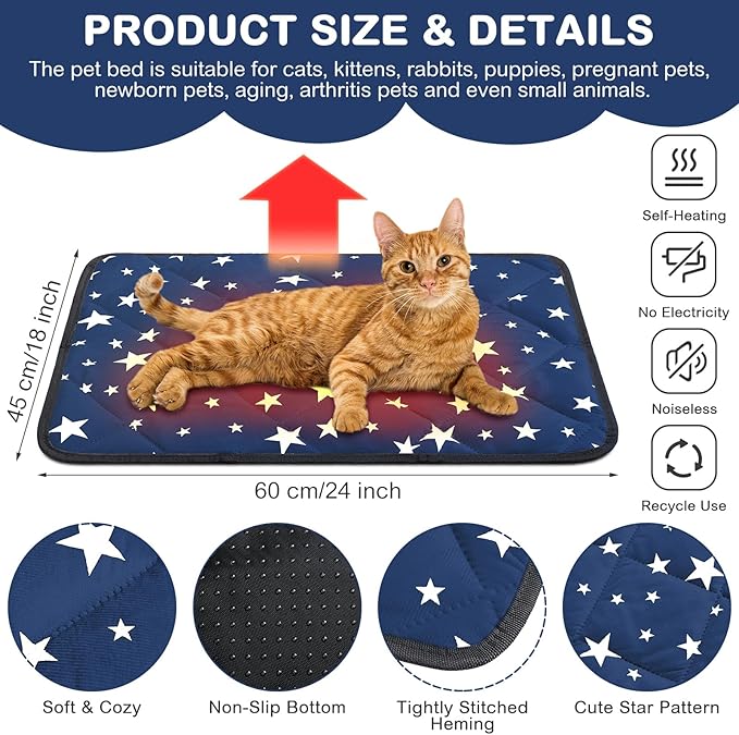 Namalu 4 Pack Self Warming Cat Bed Self Heating Cat Mat Star Pattern Soft Dog Crate Pad Thermal Pet Mat Anti Slip Kennel Dog Washable Warming Bed for Outdoor Indoor(18 x 24 Inch,Blue)