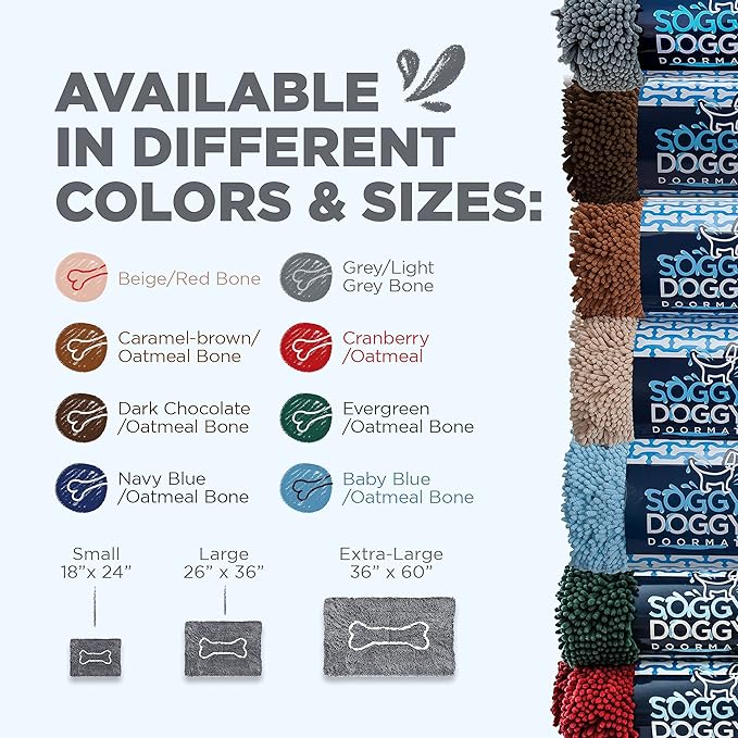 Soggy Doggy Doormat with Bone Design - Ultra Absorbent Microfiber Chenille Wet Dog Mat for Muddy Paws - Non-Slip and Machine Washable (Gray/Light Gray Bone, Large 26” x 36”)