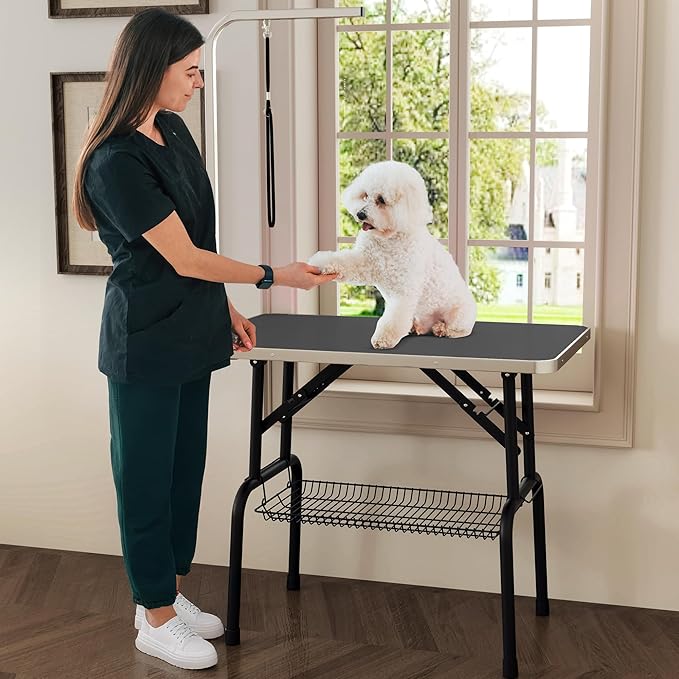 DWVO 36'' Dog Grooming Table, Foldable Pet Grooming Table with Adjustable Arm, Loop, and Mesh Tray, Non-Slip Portable Dog Bathing Station, Black