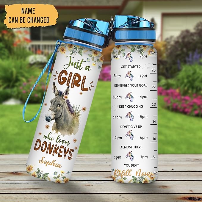 Hyturtle Personalized Donkey Lovers 32 Oz 1Liter Motivational Water Bottle With Time Marker, Just A Girl Who Loves Donkeys, Animal Lovers Gifts For Women, Girl On Birthday, Christmas