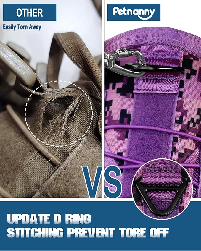 PETNANNY Tactical Service Dog Vest - No-Pull Emotional Support Harness with Hook & Loop Patches & Molle System for Training & Hunting (Purple Camo, Medium)