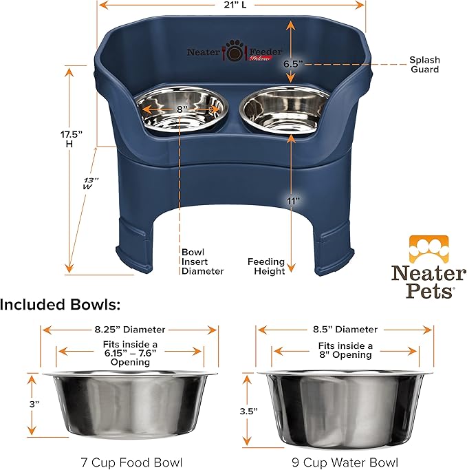 Neater Feeder Deluxe Mess Proof Dog Bowls Elevated for Large Dogs – Made in USA – No Spill Raised Dog Food Bowl Stand w/Leg Extensions – Stainless Steel Food and Water Bowl Set – Dark Blue