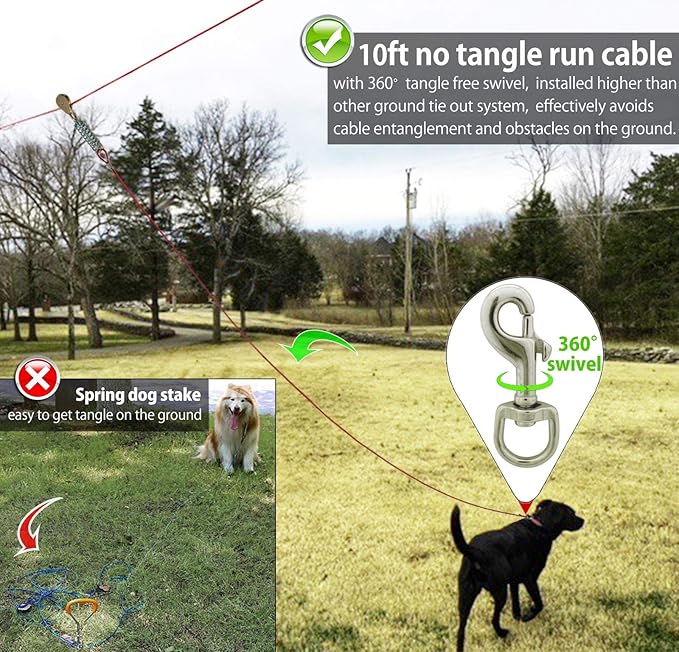 Dog Tie Out Runner with Heavy Duty Aerial Trolley System for Small to Large Dogs - 100ft Run Cable Zipline with 10ft Cable Great for Yard Camping Outdoor