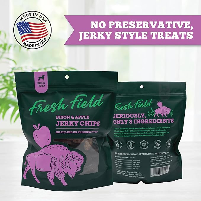 Fresh Field Bison & Apple Jerky Chips, 5 oz – All-Natural Dog Treats, USA Made, No Fillers, Perfect for Picky Pets